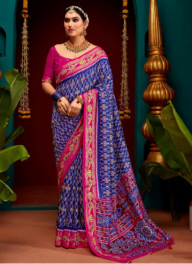 Patola Silk Blue Wedding Wear Digital Printed Saree